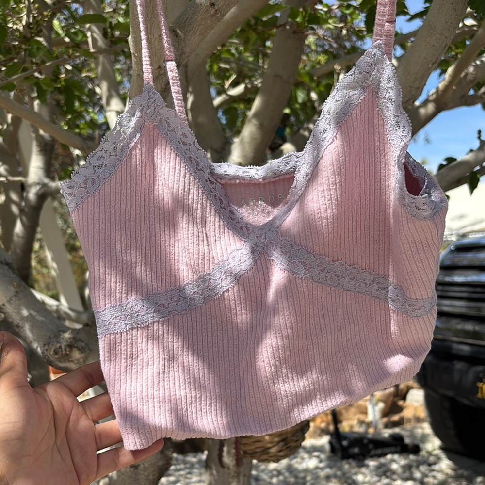 Pink Lace Trim Ribbed Bralette